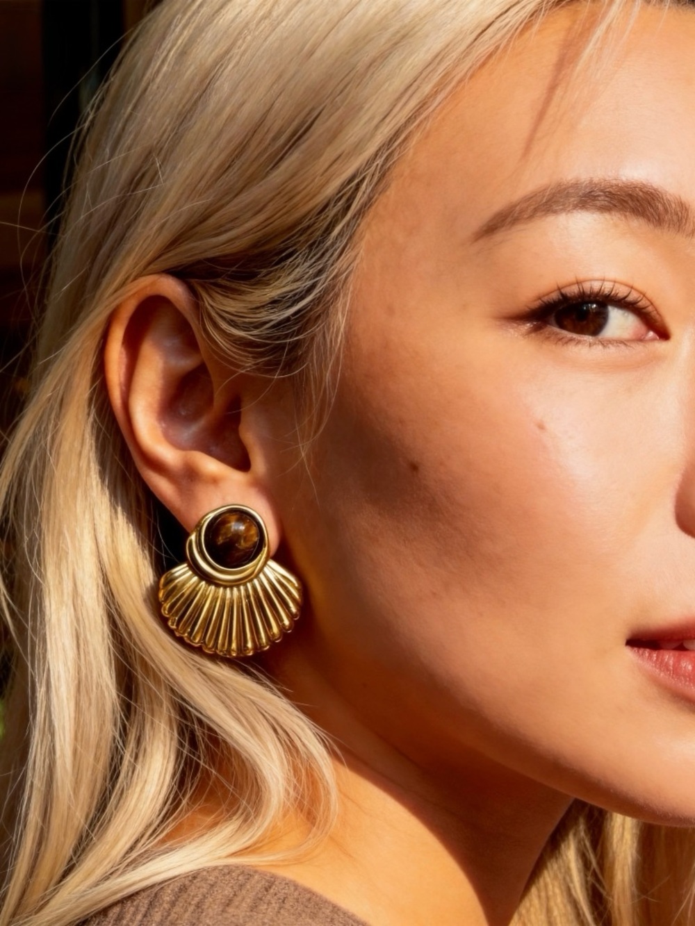Tiger Eye Fan Earrings, Gold Statement Studs